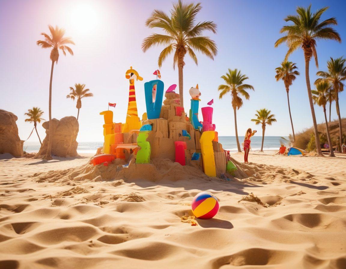 A lively beach scene featuring colorful bold swimsuits worn by playful characters, engaging in humorous activities like beach volleyball and sunbathing, with vibrant summer films projected onto a nearby sandcastle. Bright sunshine, palm trees swaying in the background, and a playful atmosphere enhance the scene. Suggest a mix of comedic expressions and fun interactions. pop art style. vibrant colors. sunny background.