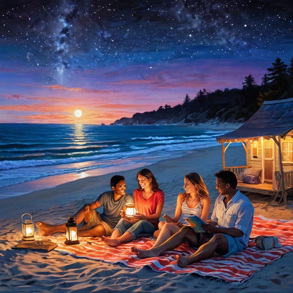 A cozy beach scene at twilight, featuring a couple laughing while lounging on a brightly colored beach blanket. Stars twinkle above, casting a soft glow on their playful expressions. Surrounding them are illuminated lanterns and a gentle tide lapping at the shore, creating a romantic ambiance. Include whimsical elements like a playful cat or a vintage picnic basket. vibrant colors. dreamy atmosphere. enchanting night sky.